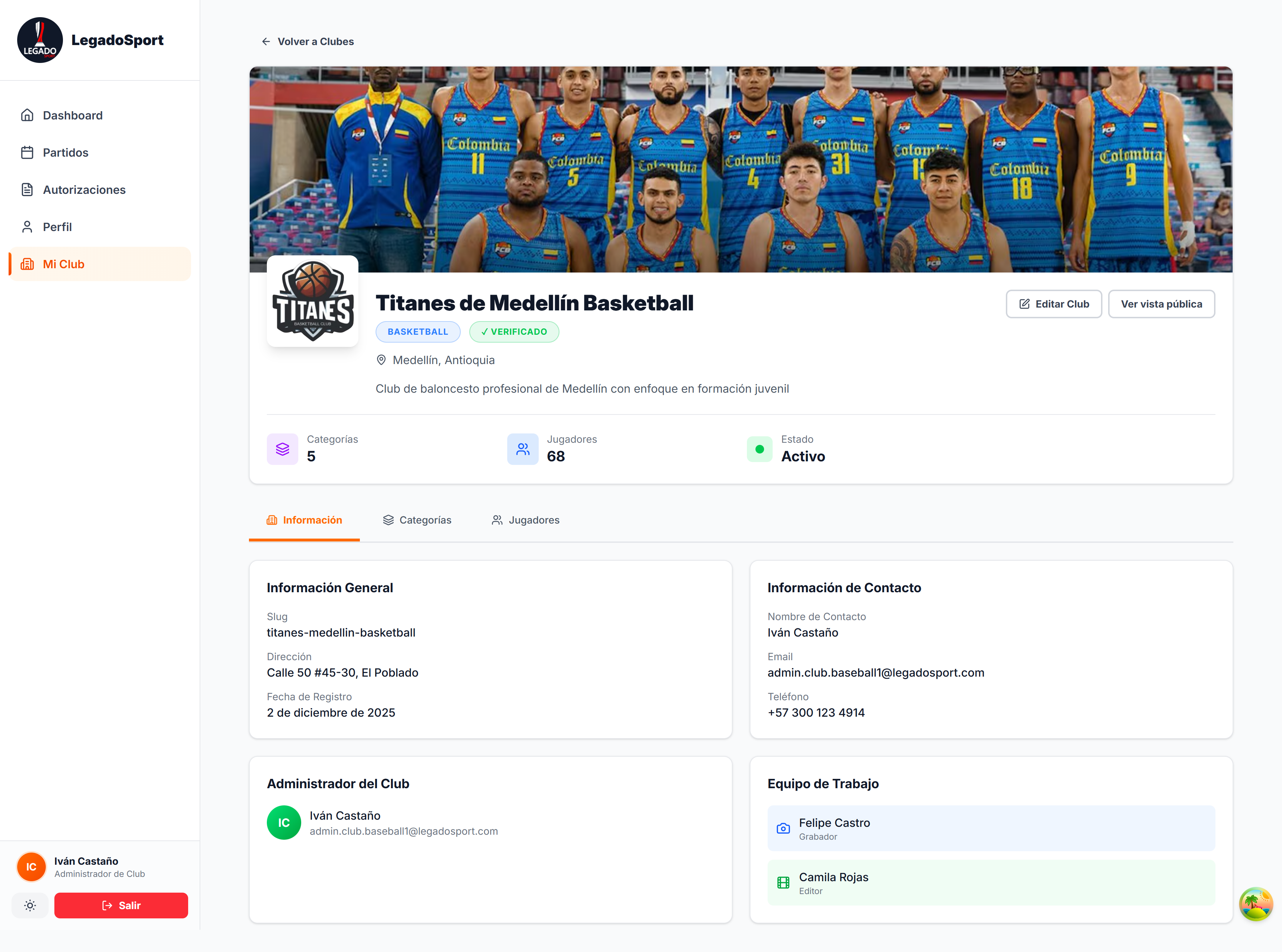 Panel de Control del Club - Vista del Dashboard
